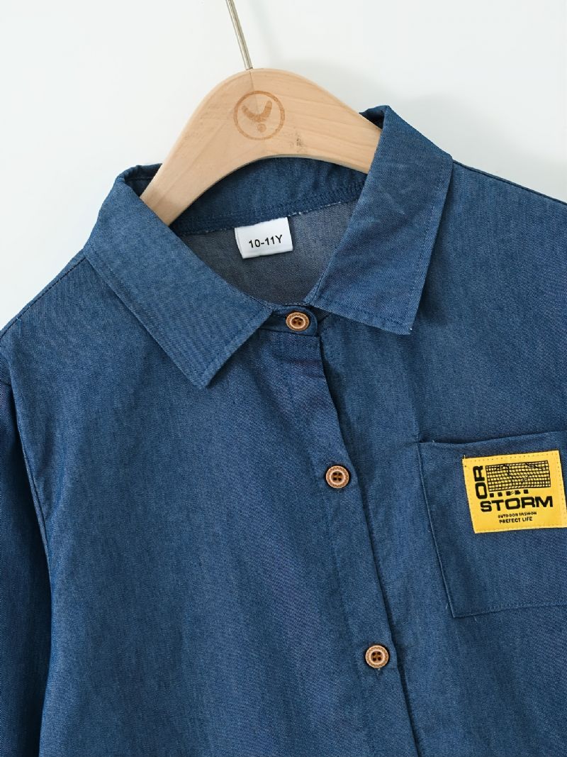 Børne Drenge Skjorte Langærmet Button Down Pocket Denim Bluse