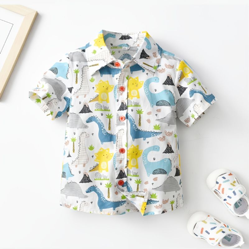 Drenge Button-up Skjorte Med Tegneserie Dinosaur Print