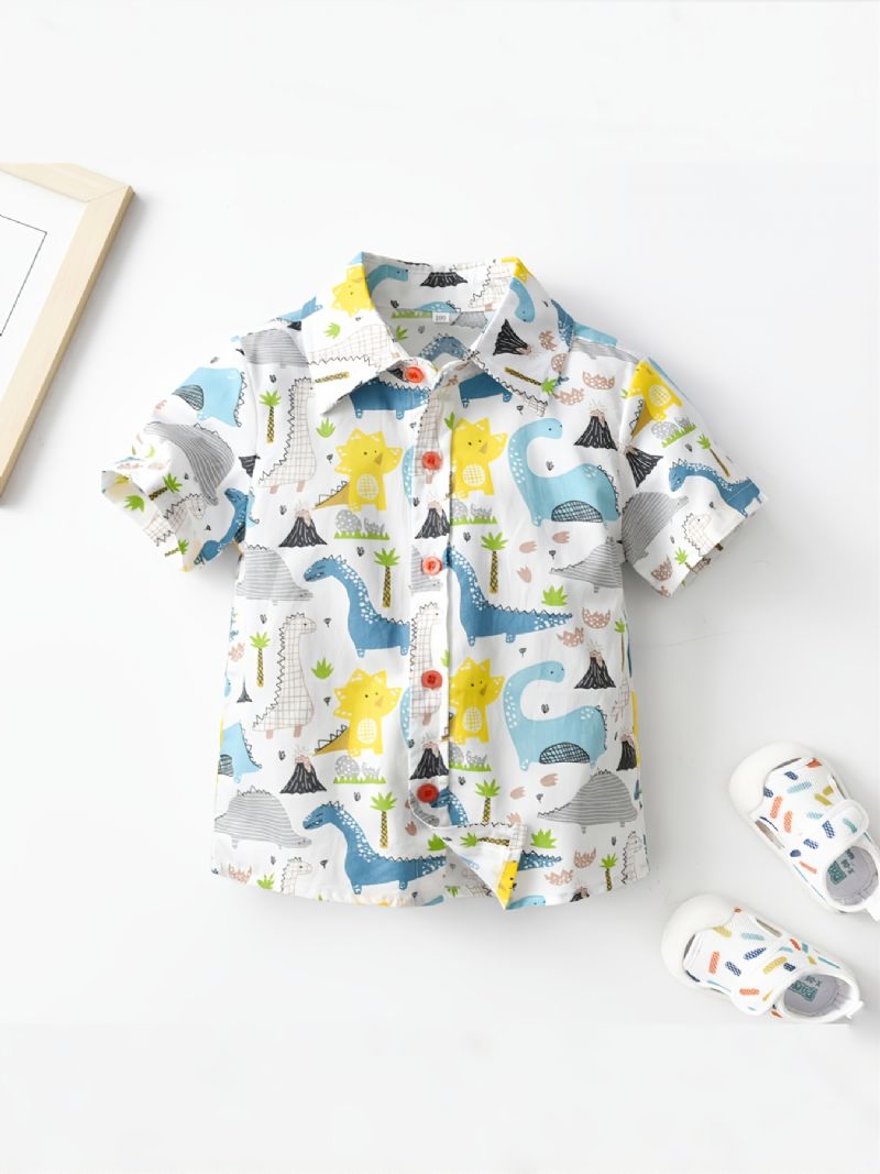 Drenge Button-up Skjorte Med Tegneserie Dinosaur Print