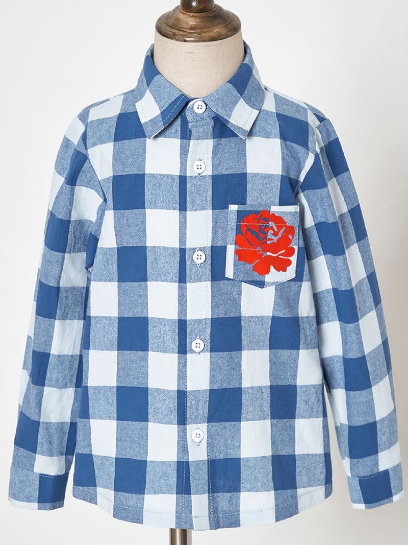 Drenge Casual Blue Plaid Flower Print Langærmet Skjorte