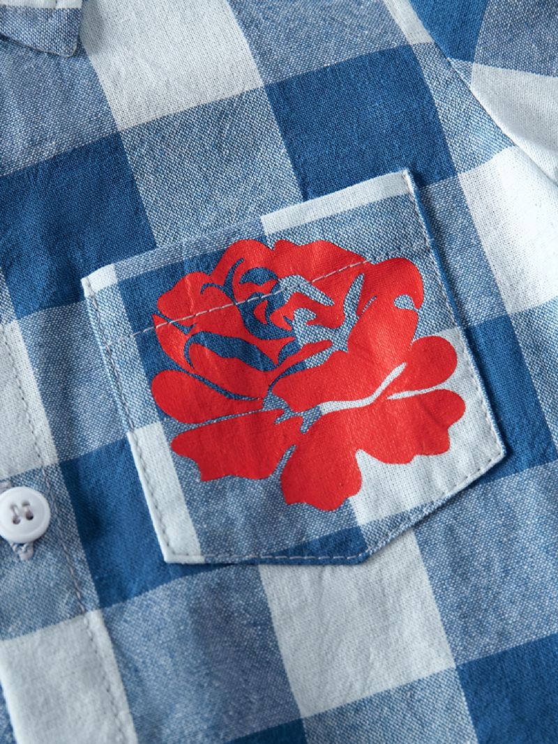 Drenge Casual Blue Plaid Flower Print Langærmet Skjorte