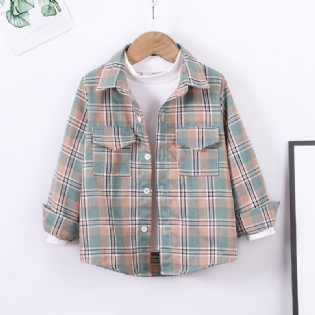 Drenge Casual Plaid Lommer Front Button Down Langærmet Skjorte Tøj