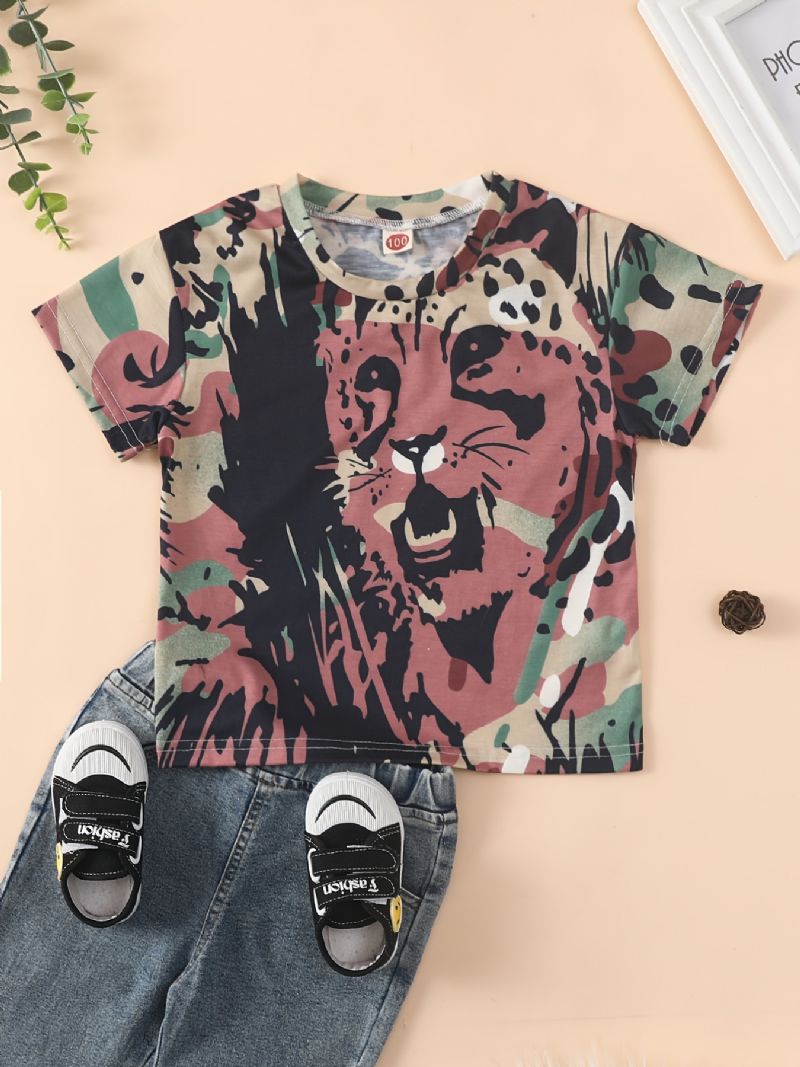 Drenge Casual Tiger Print Kortærmet Rundhals Shirt Top Tøj