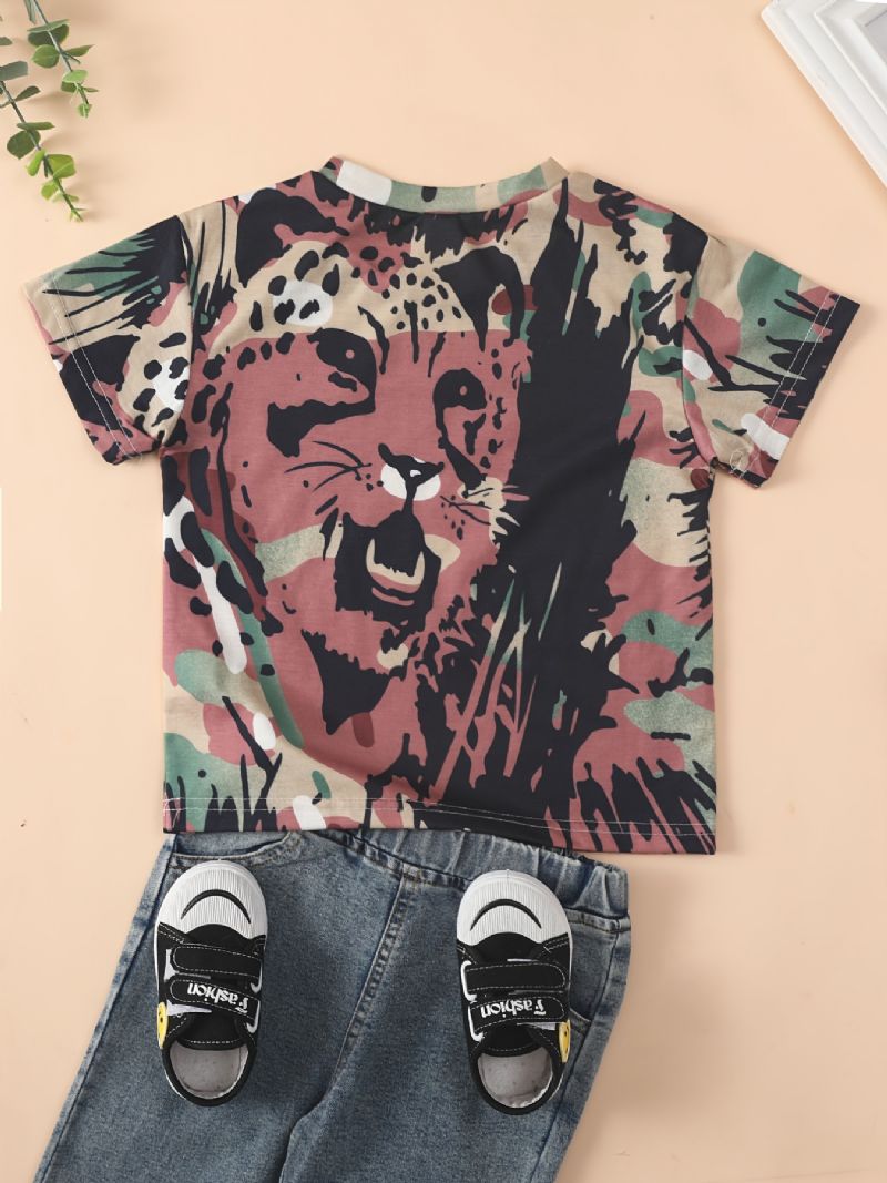 Drenge Casual Tiger Print Kortærmet Rundhals Shirt Top Tøj