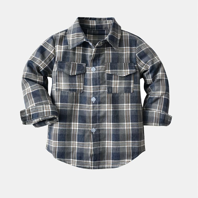 Drenge Casual Vintage Langærmede Plaid Skjorter Med Lomme Cardigan Krave Toppe Til Vinter