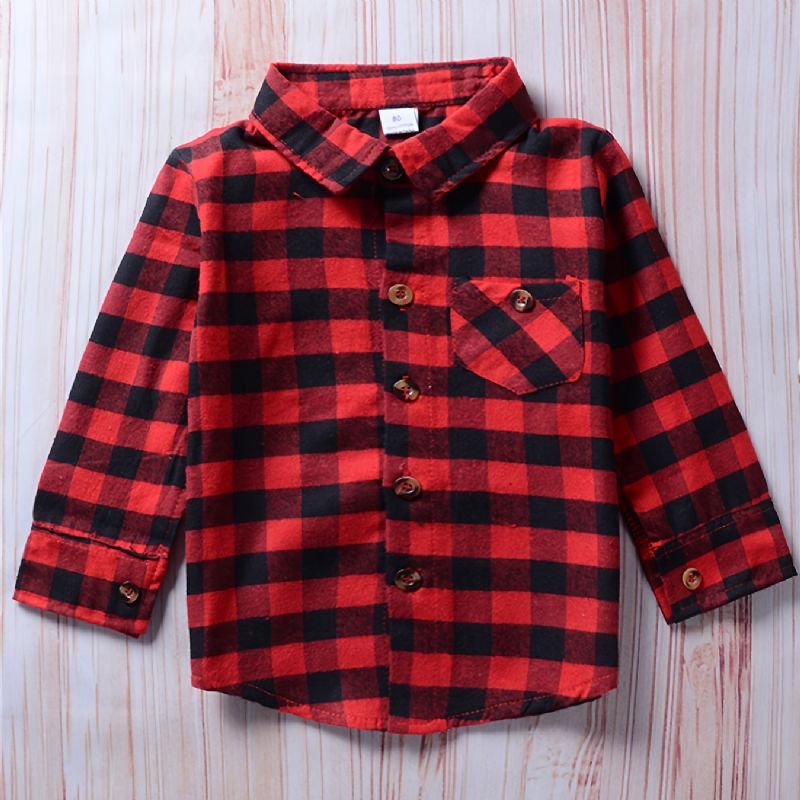 Drenge Casual Vintage Plaid Skjorter Langærmede Reversoverdele Til Vinter Rød