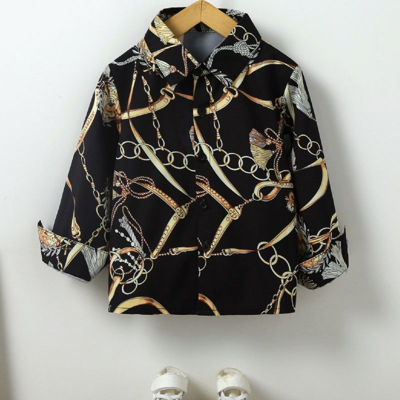 Drenge Mode Gold Chain Print Button Down Shirt Langærmet Top Bluse