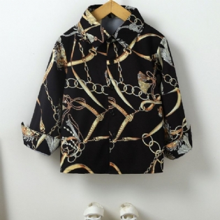 Drenge Mode Gold Chain Print Button Down Shirt Langærmet Top Bluse