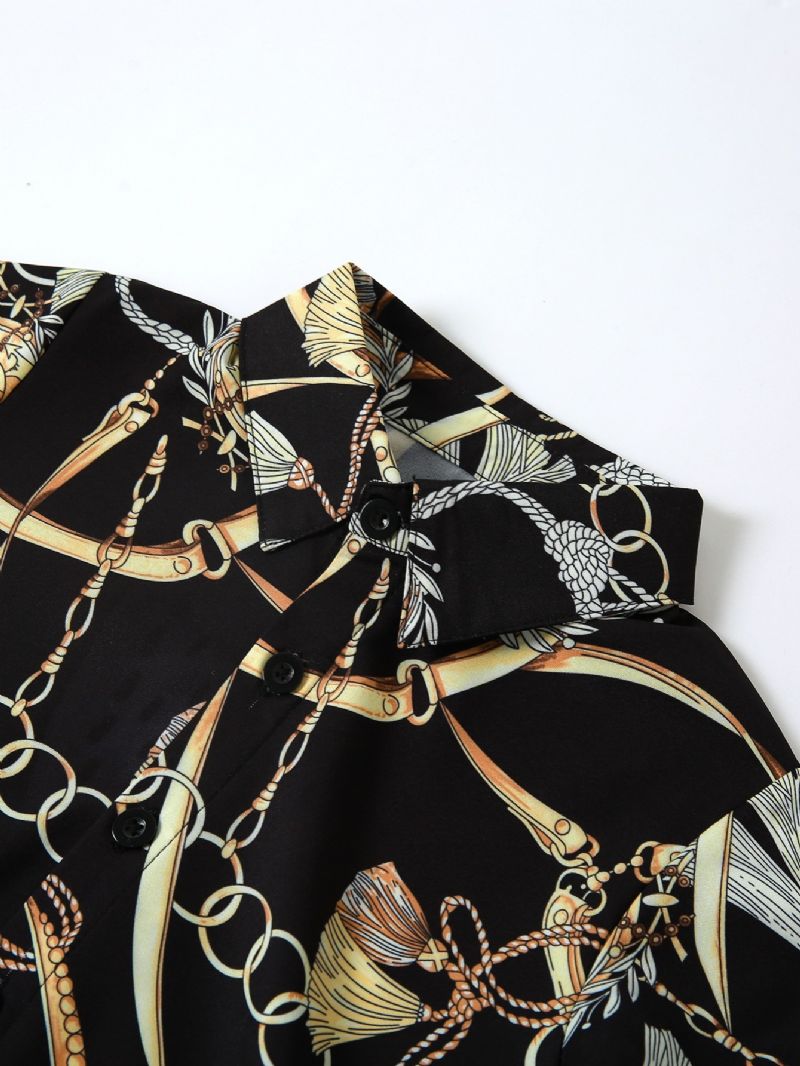 Drenge Mode Gold Chain Print Button Down Shirt Langærmet Top Bluse