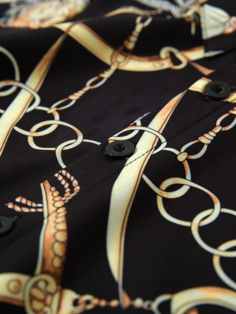 Drenge Mode Gold Chain Print Button Down Shirt Langærmet Top Bluse