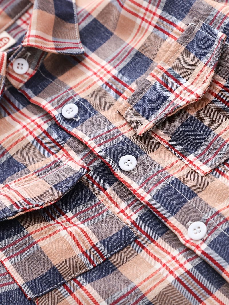 Drenge Plaid Pocket Lapel Langærmet Button Down Shirt Tøj