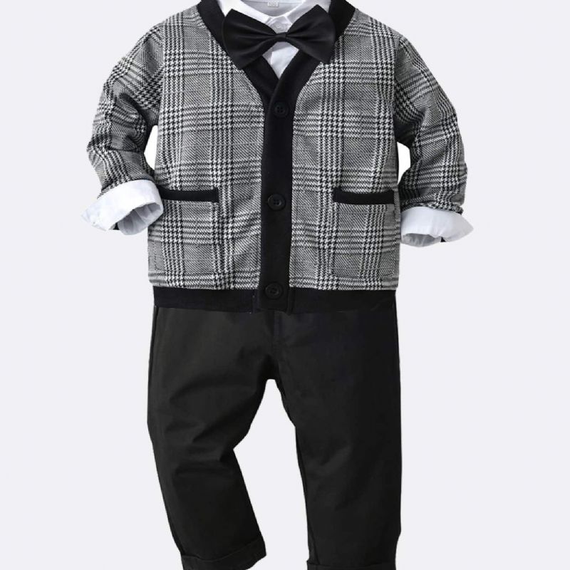 Efterår Vinter Dreng Gentleman Casual Plaid Cardigan Straps Bukser Skjortedragter