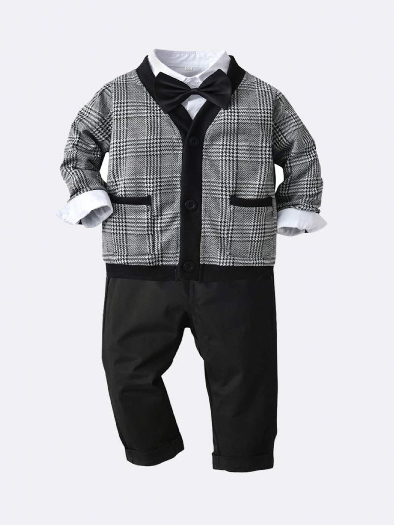 Efterår Vinter Dreng Gentleman Casual Plaid Cardigan Straps Bukser Skjortedragter