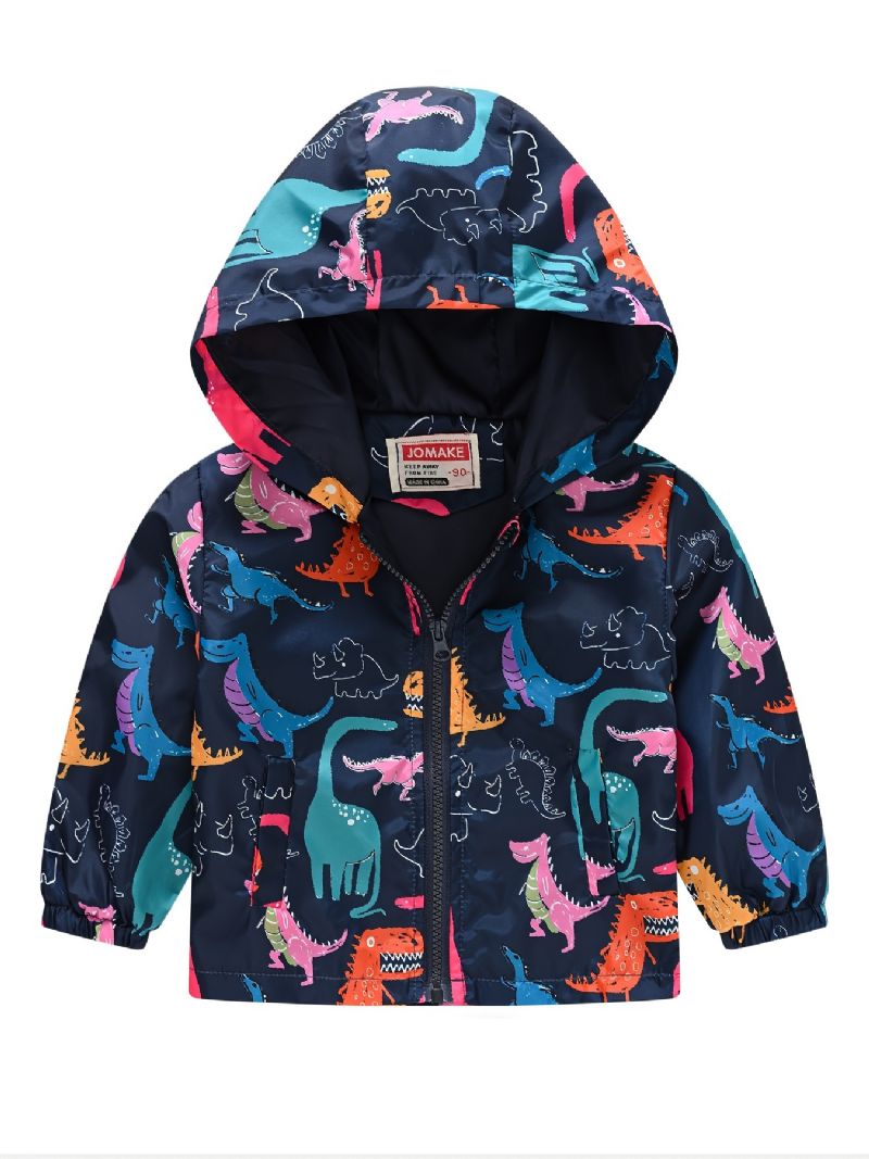 1 Stk Afslappet Sød Dinosaur Print Lynlås Hættejakke Cardigan Krave Termojakke Til Vinter Drenge Piger