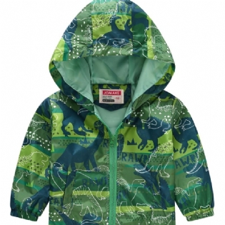 1 Stk Casual Sød Grøn Dinosaur Print Lynlås Hættejakke Cardigan Krave Termojakke Til Vinter Drenge Piger