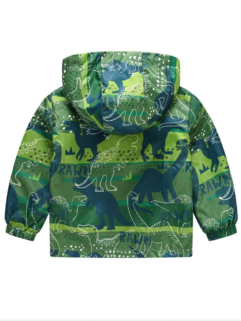 1 Stk Casual Sød Grøn Dinosaur Print Lynlås Hættejakke Cardigan Krave Termojakke Til Vinter Drenge Piger