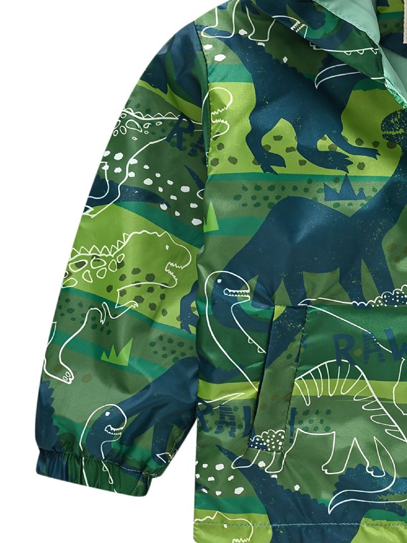 1 Stk Casual Sød Grøn Dinosaur Print Lynlås Hættejakke Cardigan Krave Termojakke Til Vinter Drenge Piger