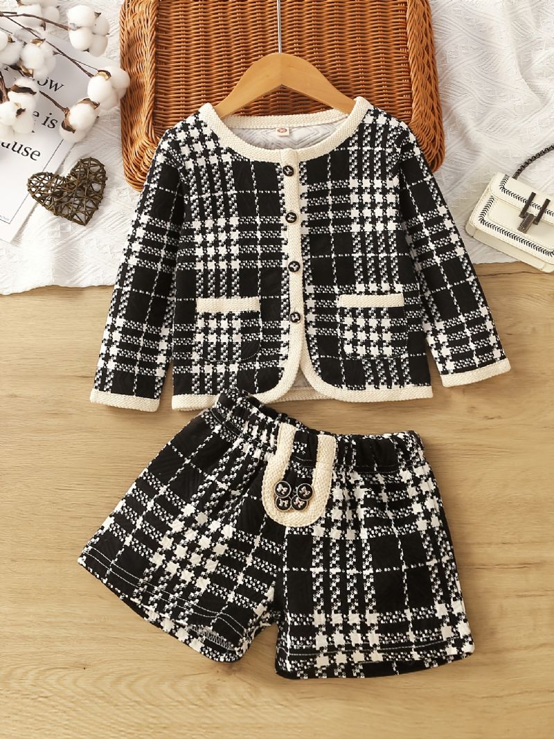 2 Stk Babypiger Langærmet Cardiganjakke Med Knap Og Houndstooth Shorts Børnetøj