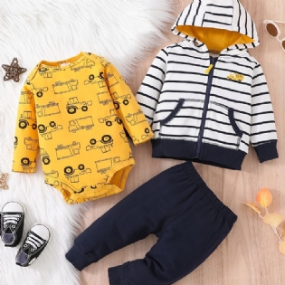 Baby Drenge Casual Cartoon Car Print Romper & Stribet Lynlås Hættejakke & Bukser