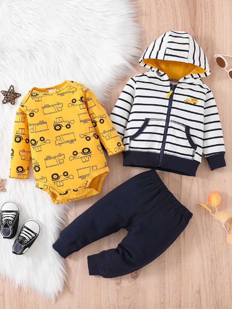 Baby Drenge Casual Cartoon Car Print Romper & Stribet Lynlås Hættejakke & Bukser