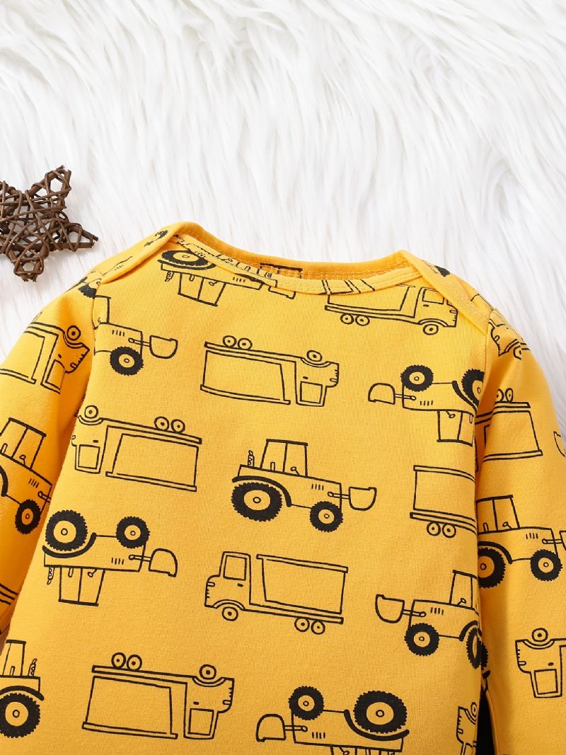 Baby Drenge Casual Cartoon Car Print Romper & Stribet Lynlås Hættejakke & Bukser