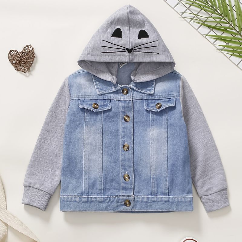 Baby Drenge Casual Stitching Hætte Denimjakke Med Sød Katteprint Til Vinter Cerulean