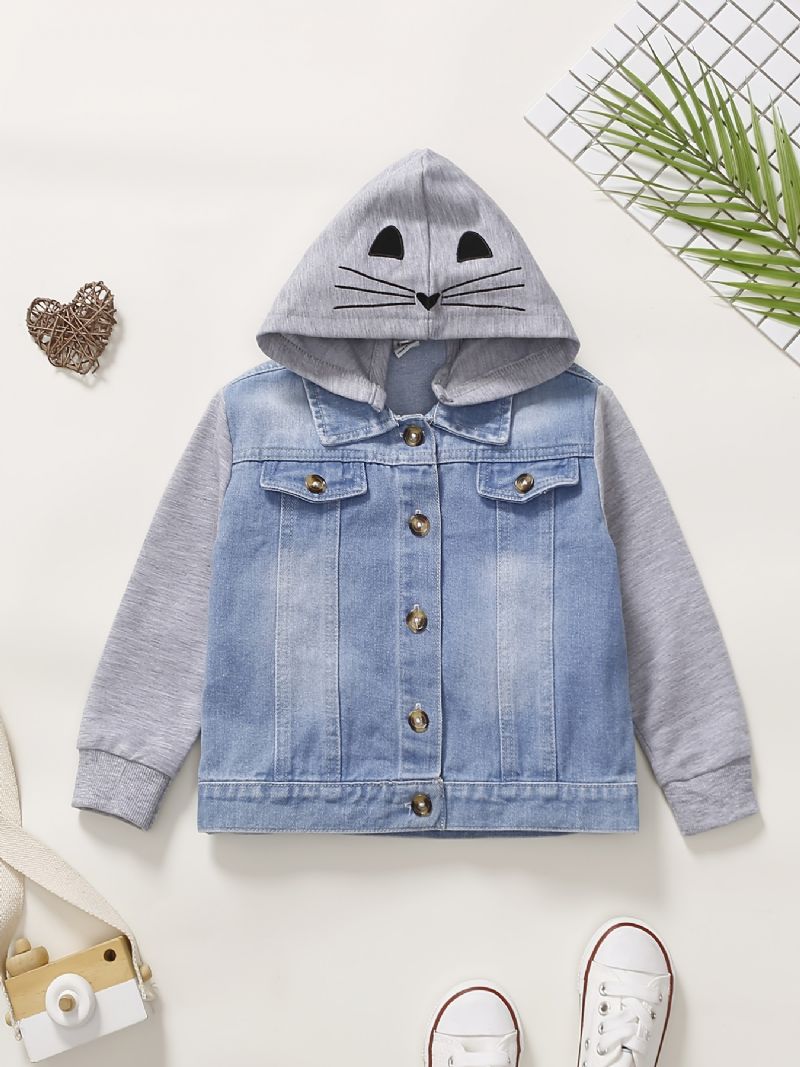 Baby Drenge Casual Stitching Hætte Denimjakke Med Sød Katteprint Til Vinter Cerulean