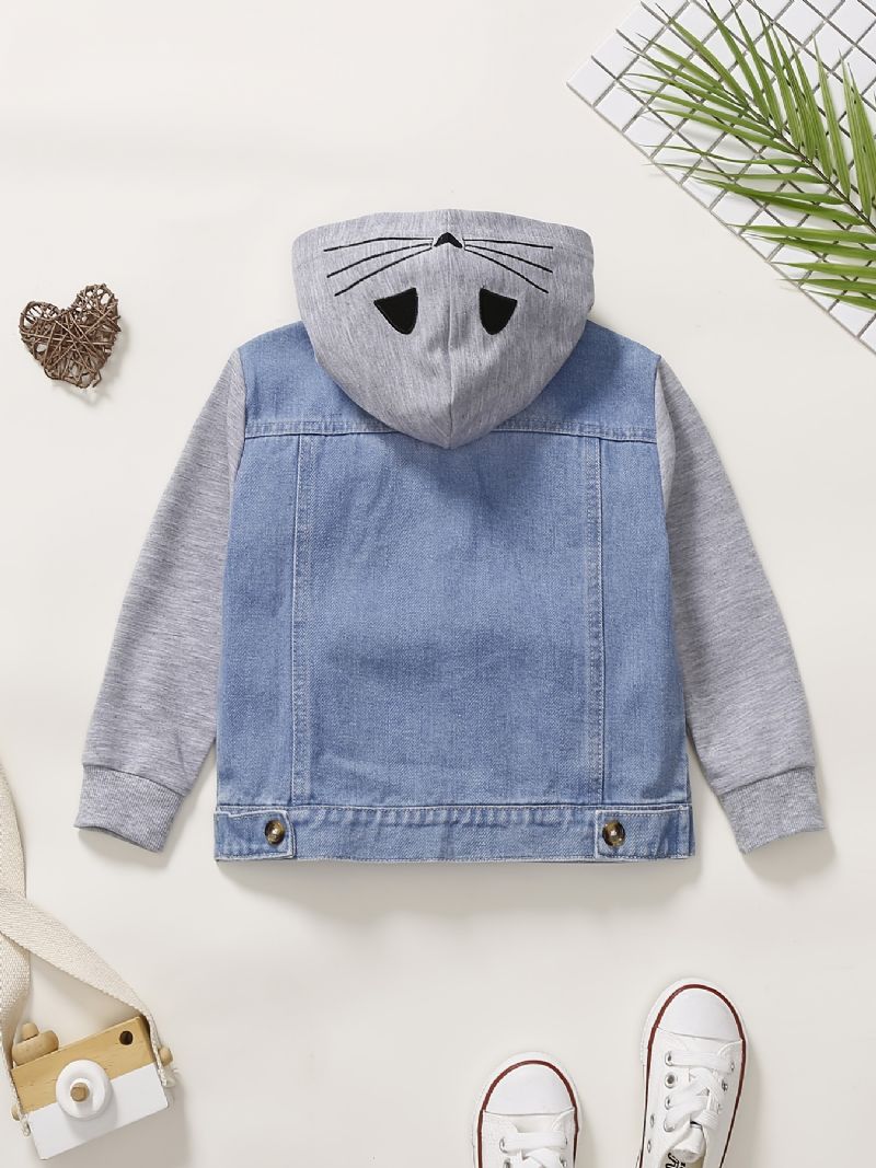 Baby Drenge Casual Stitching Hætte Denimjakke Med Sød Katteprint Til Vinter Cerulean