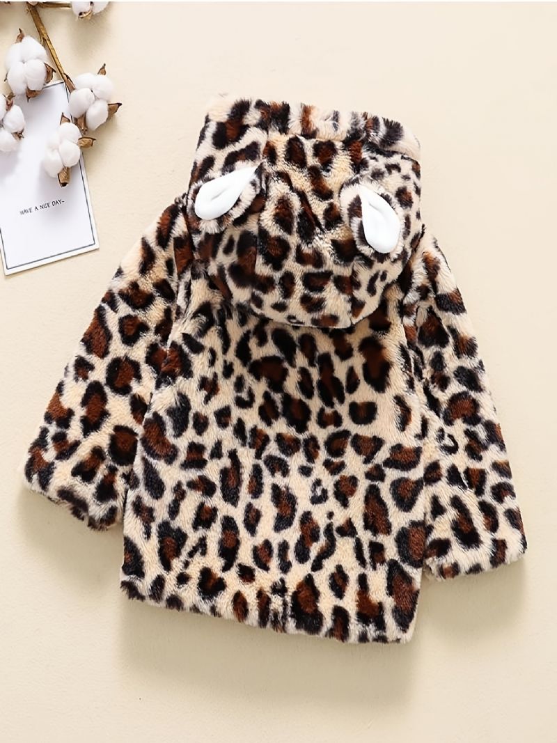 Drenge Afslappet Sød Leopardprint Fleece Termisk Hættejakke Med Bjørneører Til Vinter