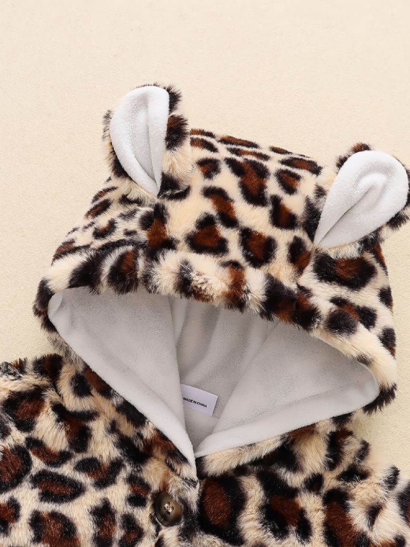 Drenge Afslappet Sød Leopardprint Fleece Termisk Hættejakke Med Bjørneører Til Vinter