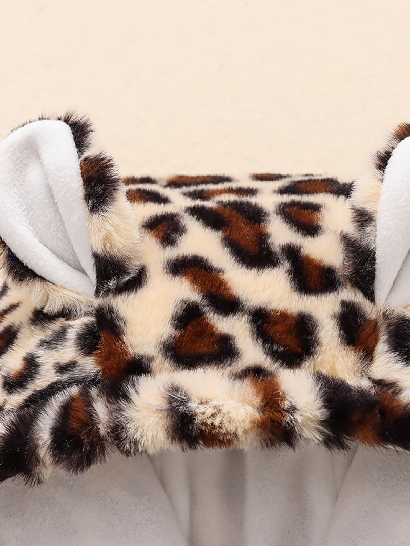 Drenge Afslappet Sød Leopardprint Fleece Termisk Hættejakke Med Bjørneører Til Vinter