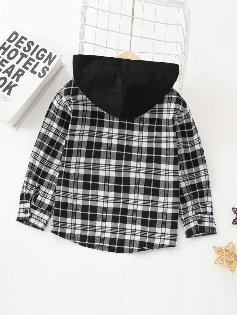 Drenge Casual Button Down Plaid Hættejakke Langærmet Ydertøj Til Vinter Efterår