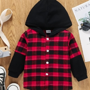 Drenge Casual Color Block Hættejakke Med Plaid Print Button Down Outwear Børnetøj