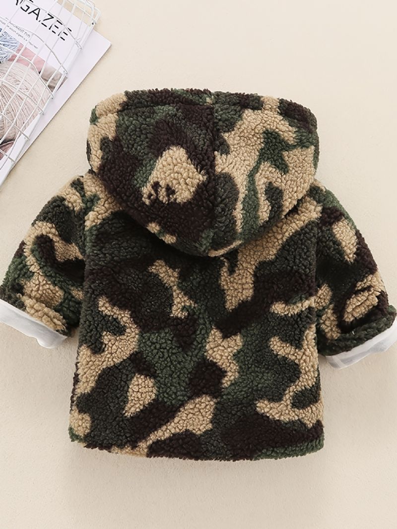 Drenge Casual Hættejakke Med Camouflageprint Dobbeltradet Fleece Termisk Vindtæt Outwear Til Vinter