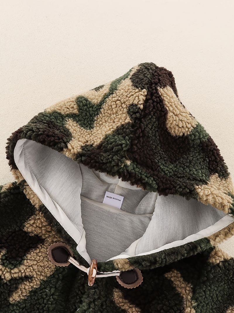 Drenge Casual Hættejakke Med Camouflageprint Dobbeltradet Fleece Termisk Vindtæt Outwear Til Vinter
