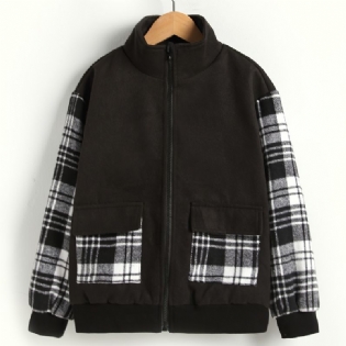 Drenge Casual Plaid Pocket Front Lynlås Langærmet Warm Coast Jacket Tøj