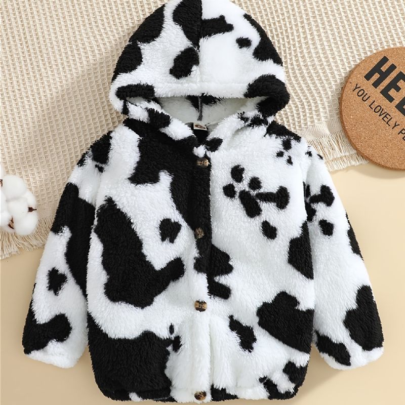 Drenge Cow Print Fleece Button Down Hættejakke Varmt Børnetøj Til Vinter
