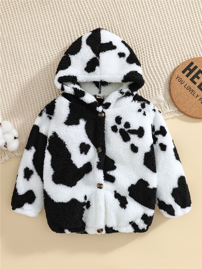 Drenge Cow Print Fleece Button Down Hættejakke Varmt Børnetøj Til Vinter