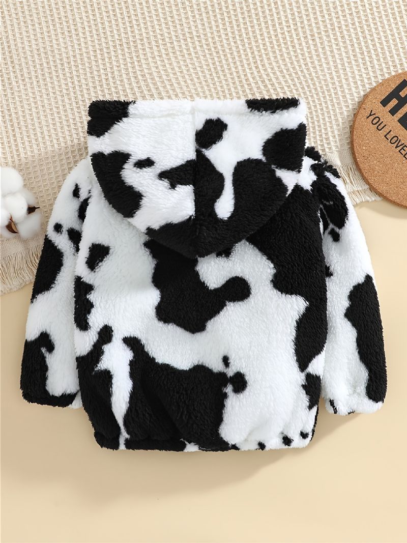 Drenge Cow Print Fleece Button Down Hættejakke Varmt Børnetøj Til Vinter