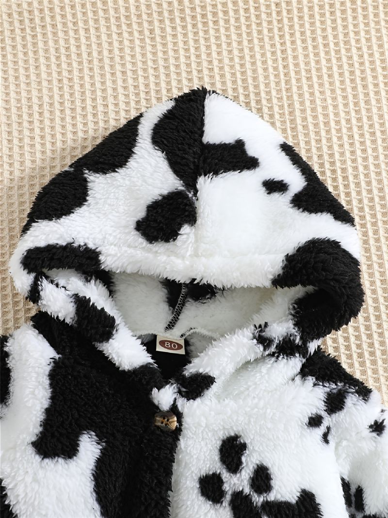 Drenge Cow Print Fleece Button Down Hættejakke Varmt Børnetøj Til Vinter