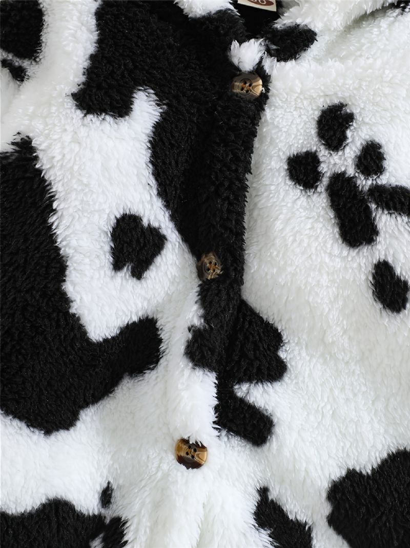 Drenge Cow Print Fleece Button Down Hættejakke Varmt Børnetøj Til Vinter