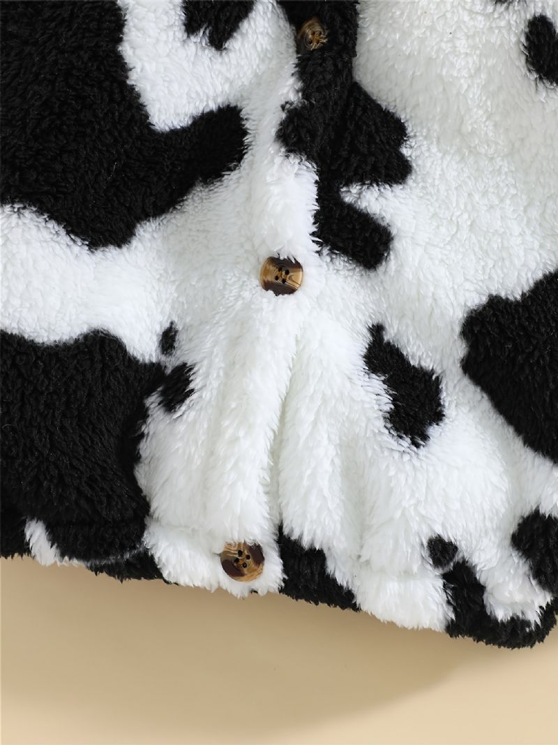 Drenge Cow Print Fleece Button Down Hættejakke Varmt Børnetøj Til Vinter