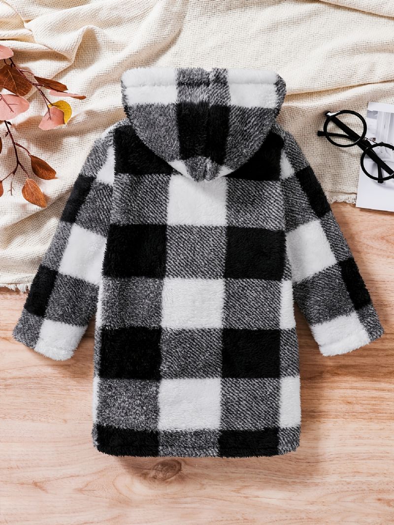 Drenge Fleece Plaid Mønster Hættejakke Casual Blødt Børnetøj