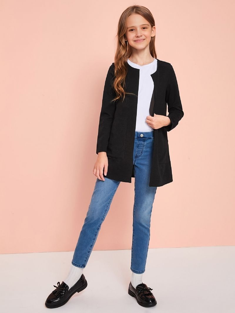 Piger Åben Front Solid Strik Cardigan Overtøj Jakke Børnetøj