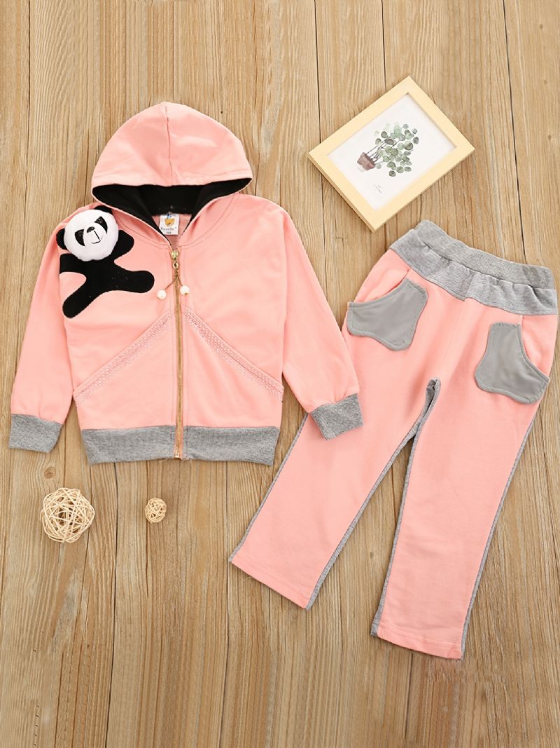 Piger Casual Panda Print Zip-up Hættejakke & Joggingbukser Til Vinter