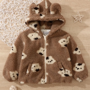 Piger Casual Sød Fleece Termisk Bear Print Lynlås Hættejakke Outwear Til Vinter