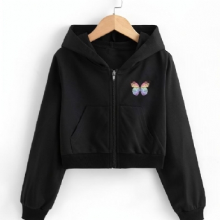 Piger Crop Top Hættetrøjer Butterfly Print Zip Up Jacket Børnetøj