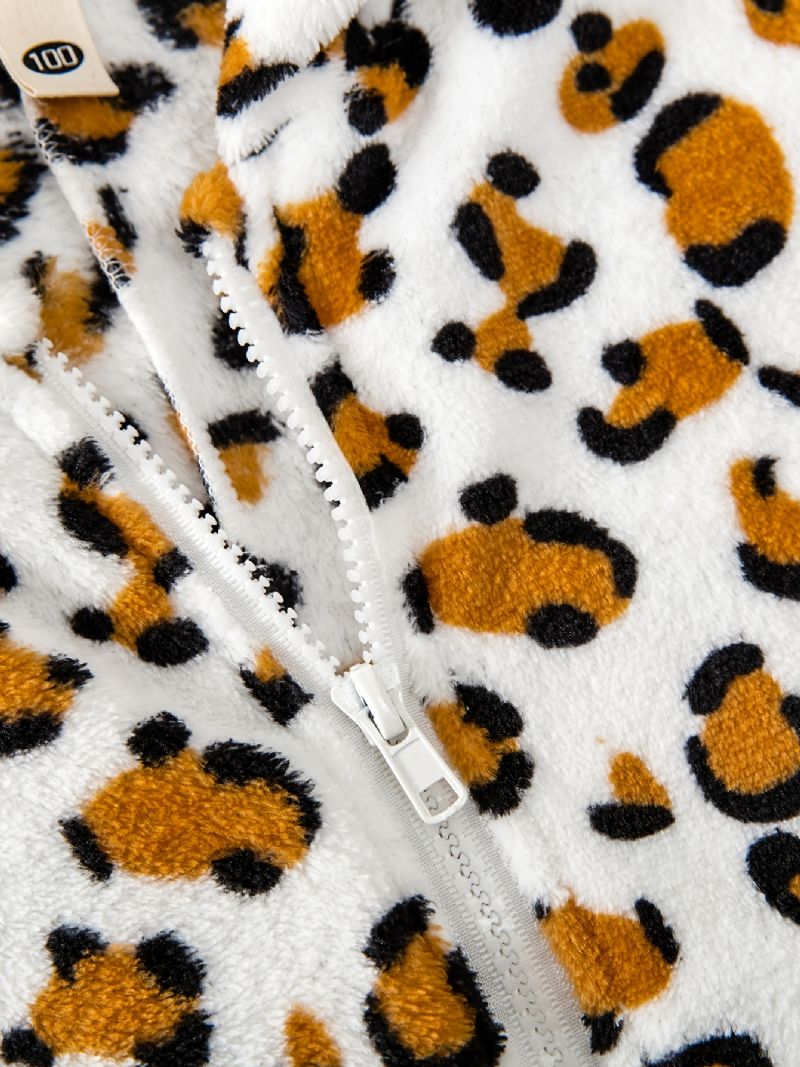 Piger Leopardprint 3d Ører Design Flagermus Ærme Hætte Flannel Jakke Kappe Børnetøj