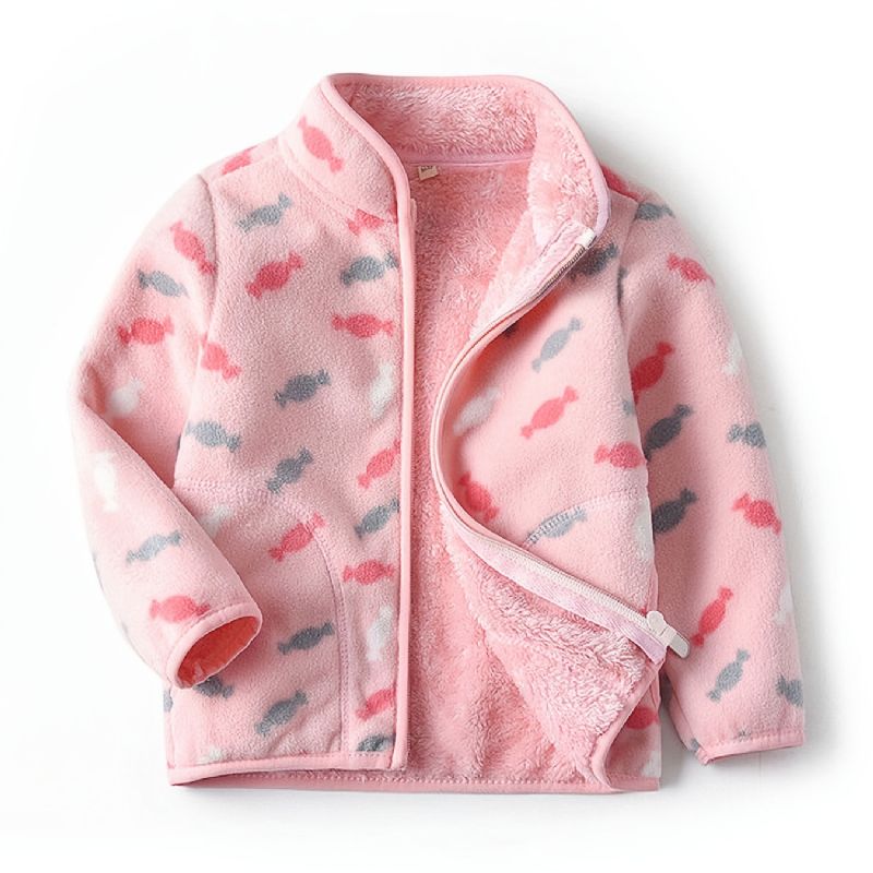 Piger New Thickened Fleece Stand Krave Jakke Med Candy Print Outwear For Winter Pink