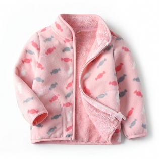 Piger New Thickened Fleece Stand Krave Jakke Med Candy Print Outwear For Winter Pink